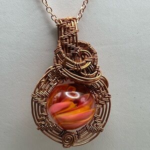 Handcrafted Copper Wire Wrapped Oval  Pendant with Artisan Glass Bead -Unique